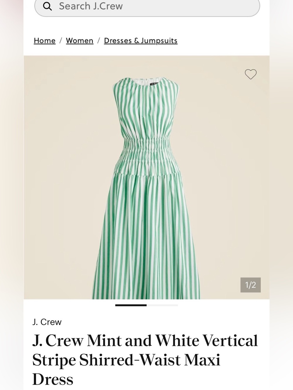J Crew' Green and White Vertical Stripe Shirred-Waist Dress